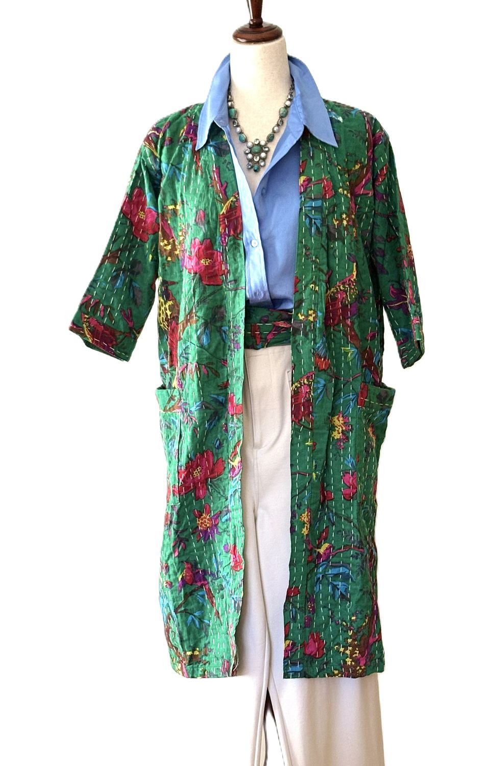 Floral Midi Cotton Kimono With Kantha Embroidery.(Green Multicolor)