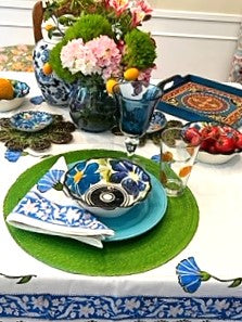 Set of White Linens With Bright Blue Petals Adorns The Table. (6 napkins/cloth)