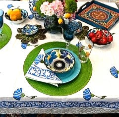 Set of White Linens With Bright Blue Petals Adorns The Table. (6 napkins/cloth)