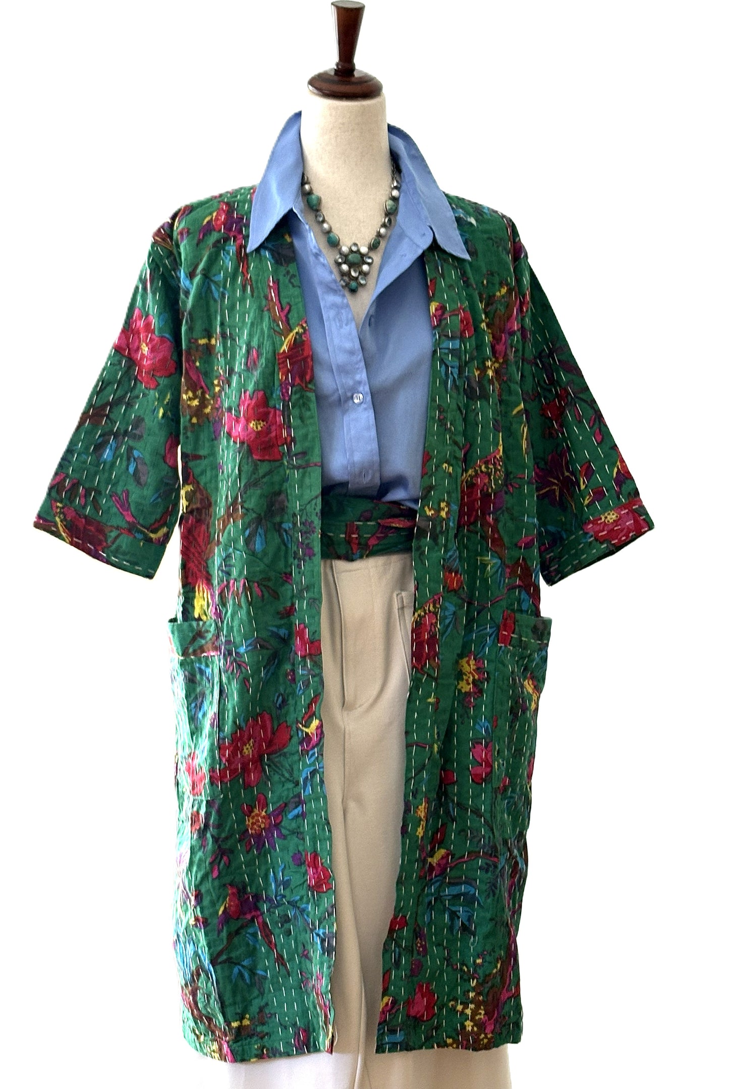 Floral Midi Cotton Kimono With Kantha Embroidery.(Green Multicolor)