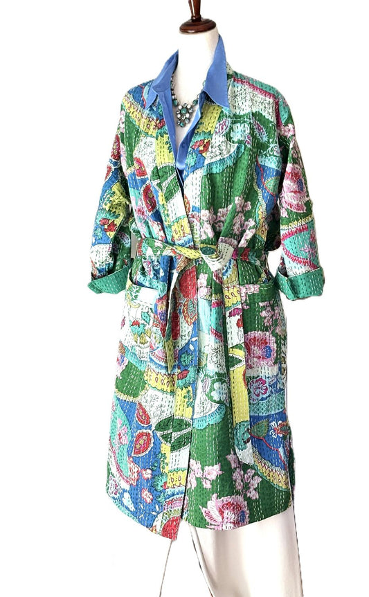 Midi Multicolor Cotton Kimono With Kantha Embroidery. (Multicolor)