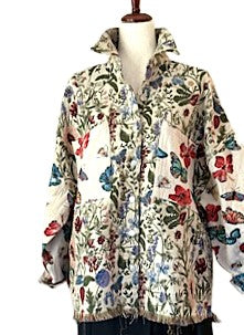 Floral Denim Jacket, Long Sleeve Over Shirt With A Frayed Hem.