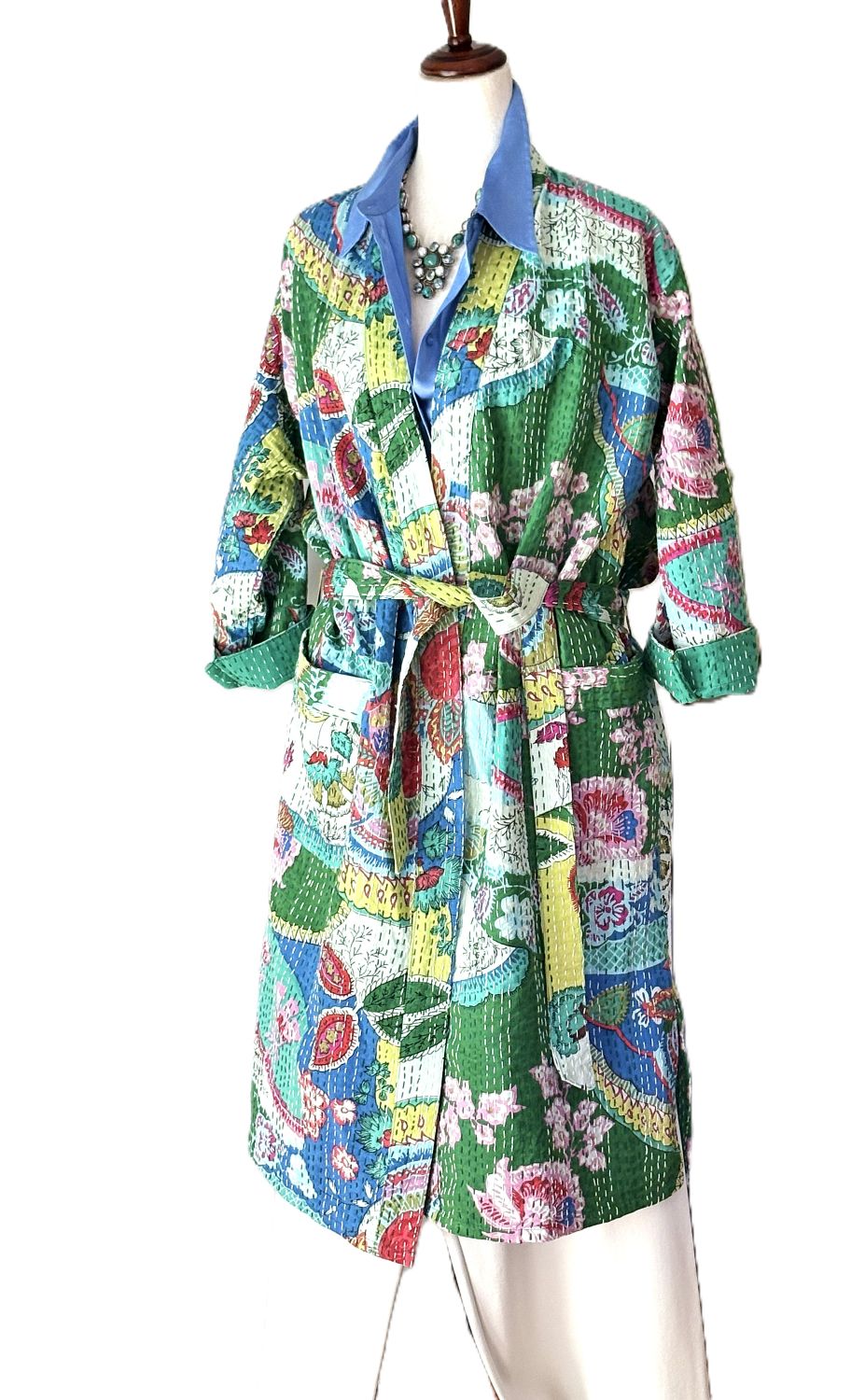 Midi Multicolor Cotton Kimono With Kantha Embroidery. (Multicolor)