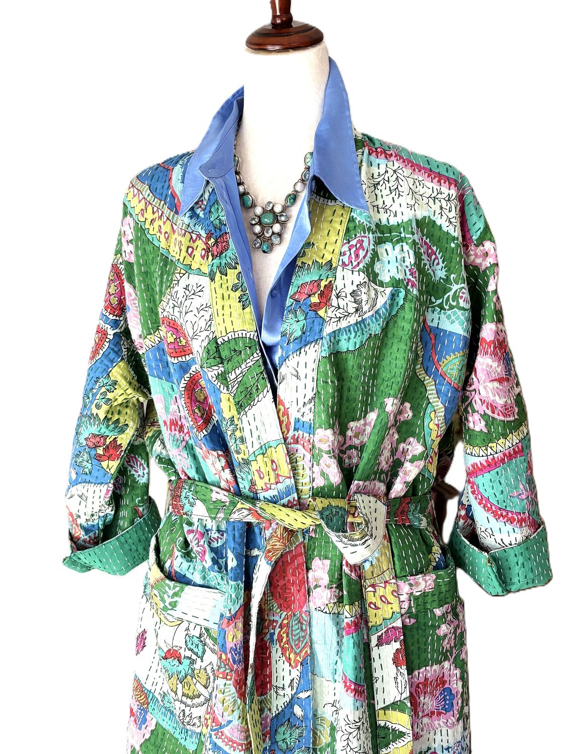 Midi Multicolor Cotton Kimono With Kantha Embroidery. (Multicolor)