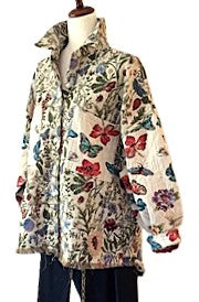Floral Denim Jacket, Long Sleeve Over Shirt With A Frayed Hem.