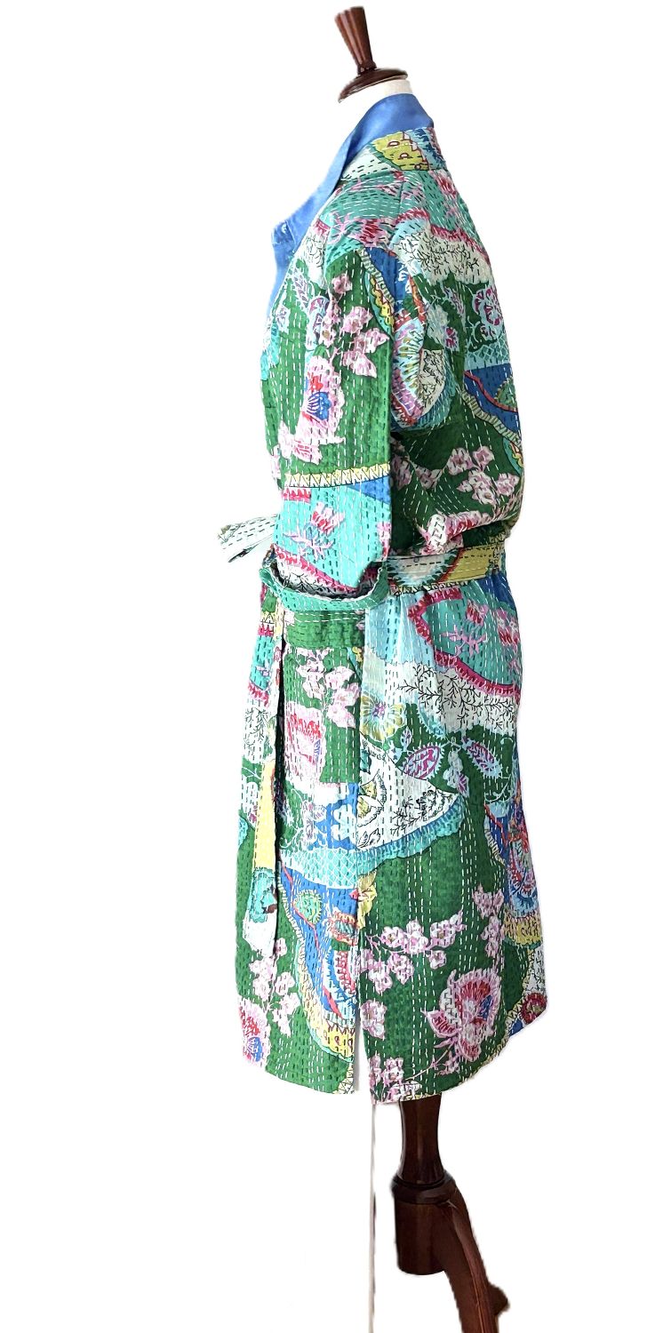 Midi Multicolor Cotton Kimono With Kantha Embroidery. (Multicolor)
