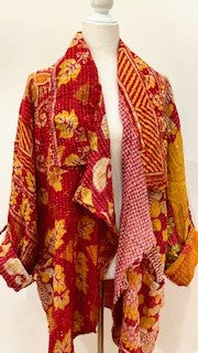 Oasis Cotton Cardigan With Kantha Embroidery (Red and Gold)