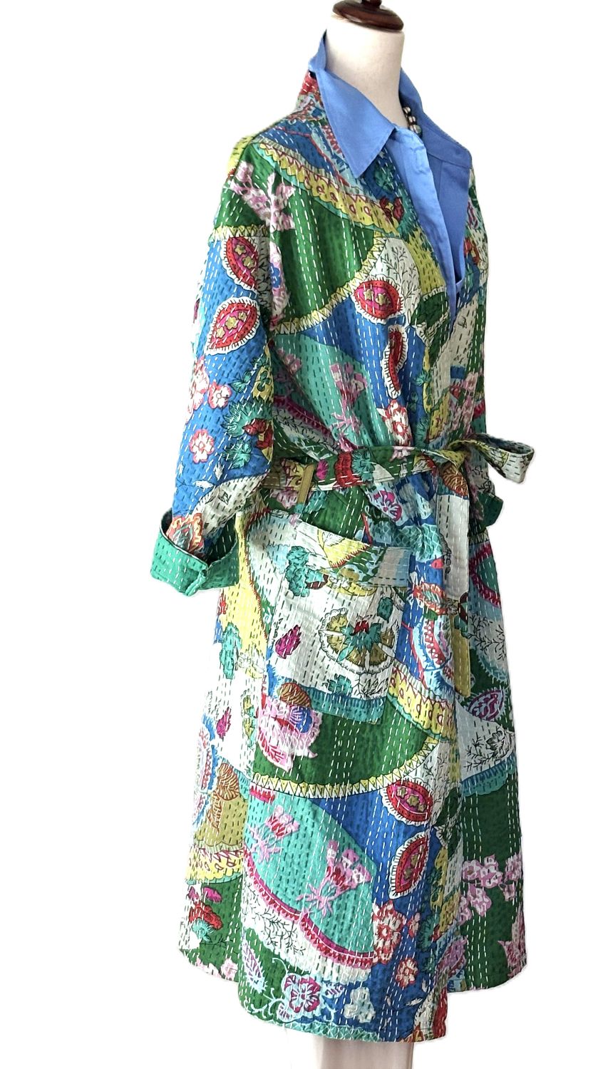 Midi Multicolor Cotton Kimono With Kantha Embroidery. (Multicolor)