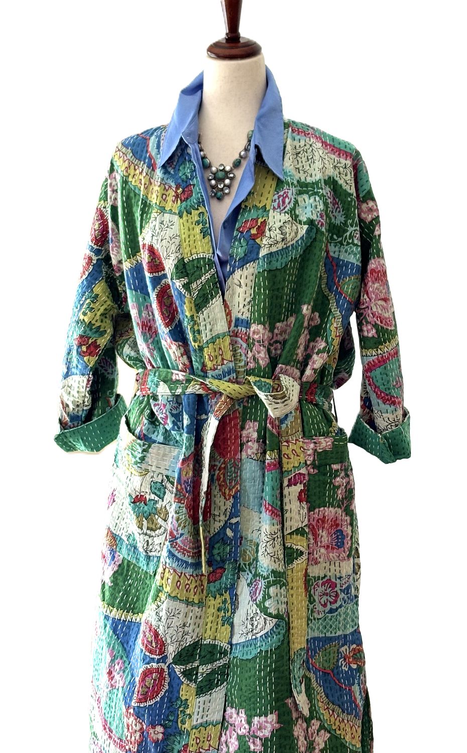 Midi Multicolor Cotton Kimono With Kantha Embroidery. (Multicolor)