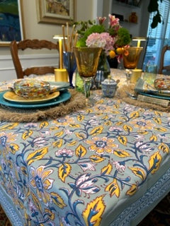 Block Print Set of Napkins and Tablecloth In a  New Pattern in Navy, Marigold, White is Sophisticated