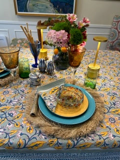 Block Print Set of Napkins and Tablecloth In a  New Pattern in Navy, Marigold, White is Sophisticated