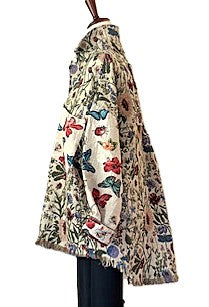 Floral Denim Jacket, Long Sleeve Over Shirt With A Frayed Hem.