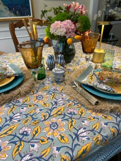 Block Print Set of Napkins and Tablecloth In a  New Pattern in Navy, Marigold, White is Sophisticated