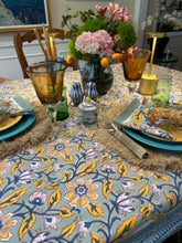 Block Print Set of Napkins and Tablecloth In a  New Pattern in Navy, Marigold, White is Sophisticated