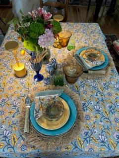 Block Print Set of Napkins and Tablecloth In a  New Pattern in Navy, Marigold, White is Sophisticated