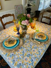 Block Print Set of Napkins and Tablecloth In a  New Pattern in Navy, Marigold, White is Sophisticated
