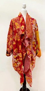 Oasis Cotton Cardigan With Kantha Embroidery (Red and Gold)