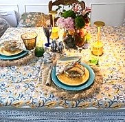 Block Print Set of Napkins and Tablecloth In a  New Pattern in Navy, Marigold, White is Sophisticated