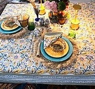 Block Print Set of Napkins and Tablecloth In a  New Pattern in Navy, Marigold, White is Sophisticated