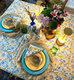 Block Print Set of Napkins and Tablecloth In a  New Pattern in Navy, Marigold, White is Sophisticated