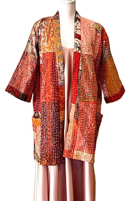 Short Patchwork Cotton and Silk Kimono Jacket With Kantha Embroidery. (Copper)