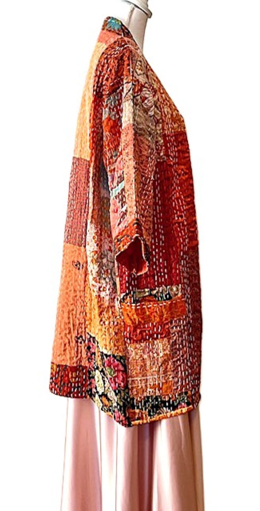 Short Patchwork Cotton and Silk Kimono Jacket With Kantha Embroidery. (Copper)