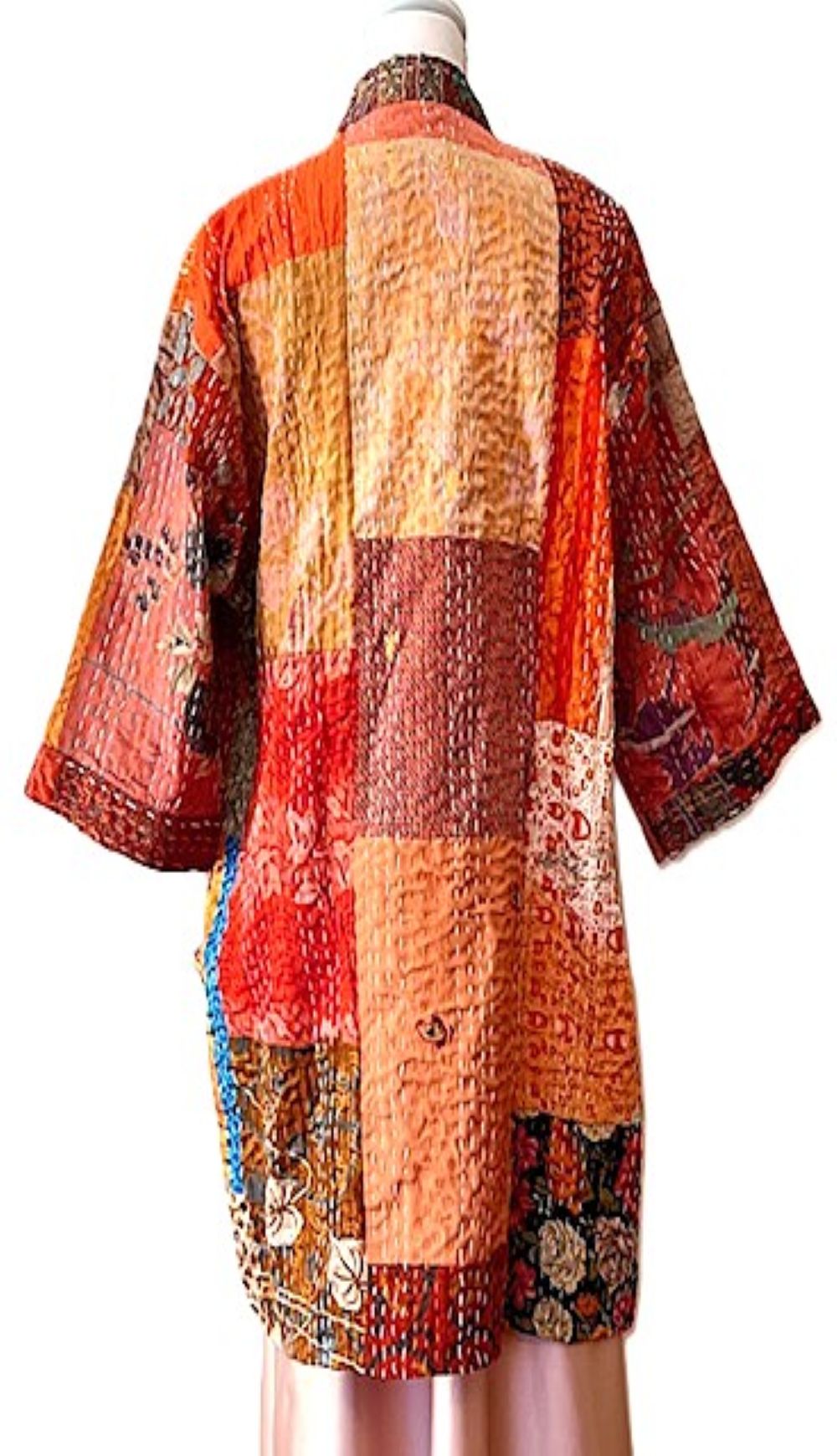 Short Patchwork Cotton and Silk Kimono Jacket With Kantha Embroidery. (Copper)