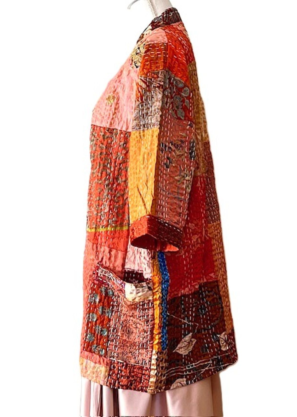 Short Patchwork Cotton and Silk Kimono Jacket With Kantha Embroidery. (Copper)