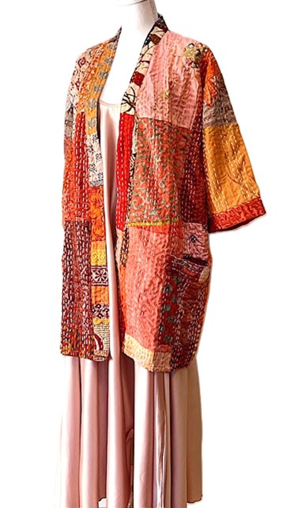 Short Patchwork Cotton and Silk Kimono Jacket With Kantha Embroidery. (Copper)