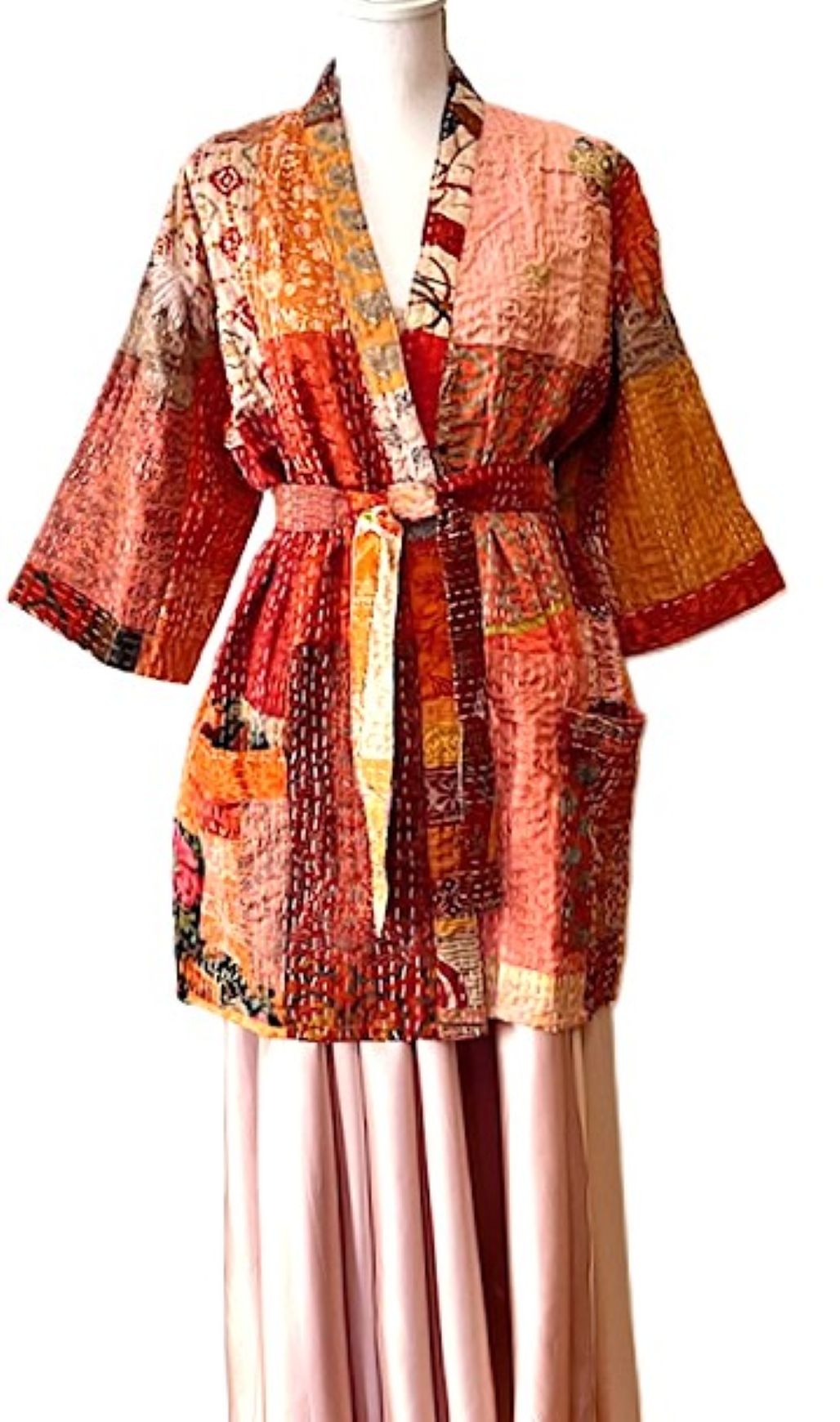 Short Patchwork Cotton and Silk Kimono Jacket With Kantha Embroidery. (Copper)