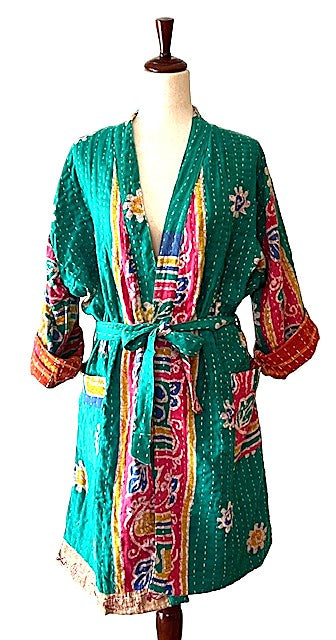 Short Fresh Colorful Print Cotton Kimono.  Whimsical (Emerald)