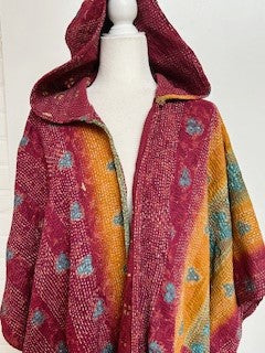 Kantha Knee Length Poncho Coats (Wine and Bronze)