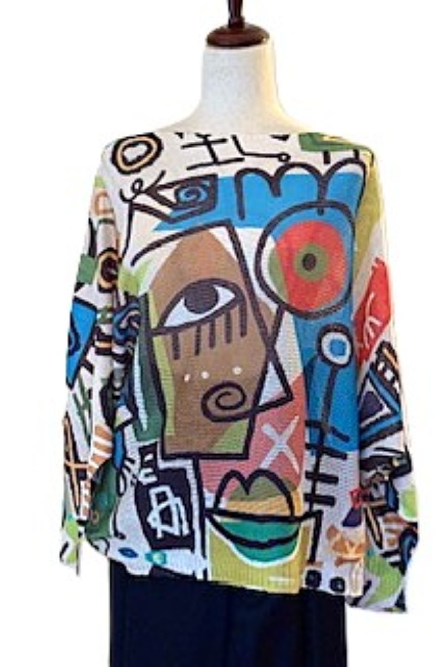 Italian Knit Sweater, Colorful Abstract Picaso (Multicolor)