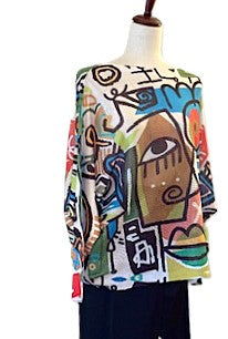 Italian Knit Sweater, Colorful Abstract Picaso (Multicolor)