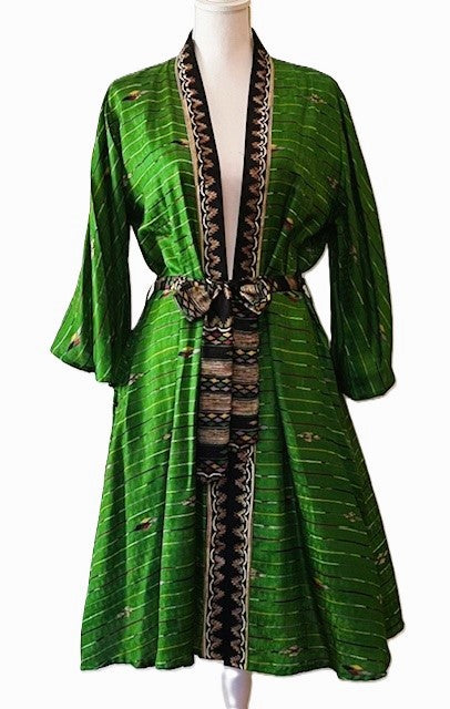 Cape Sleeve Silk Kimono Duster Dress (Geometric Lines Emerald & Black)