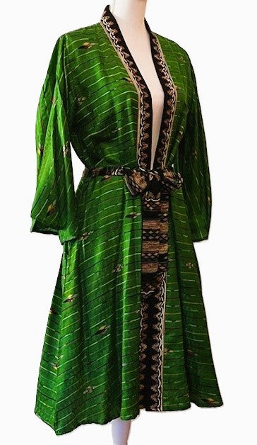 Cape Sleeve Silk Kimono Duster Dress (Geometric Lines Emerald & Black)