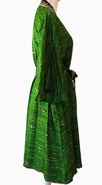 Cape Sleeve Silk Kimono Duster Dress (Geometric Lines Emerald & Black)