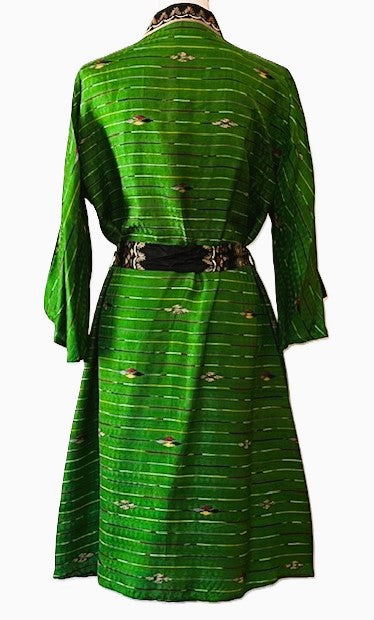 Cape Sleeve Silk Kimono Duster Dress (Geometric Lines Emerald & Black)