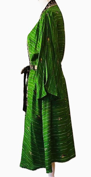 Cape Sleeve Silk Kimono Duster Dress (Geometric Lines Emerald & Black)