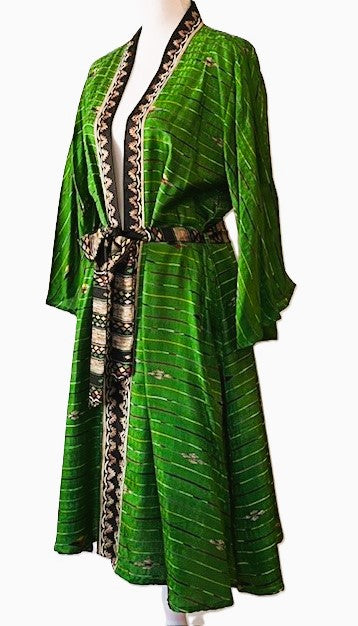 Cape Sleeve Silk Kimono Duster Dress (Geometric Lines Emerald & Black)