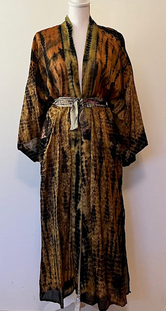 Luxury Silk Kimono Duster, Tie Dye Brown/Black