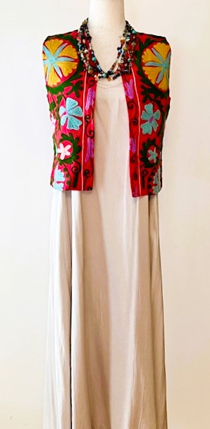 Work of Art! Suzani Hand Embroidered Vest. (Red)