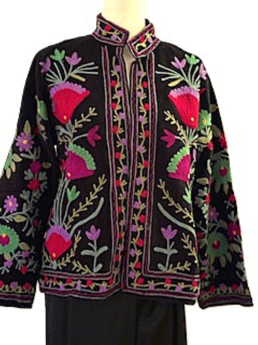 JJacket, Wearable Art In This Hand Embroidered Short Cotton Velvet (Black)