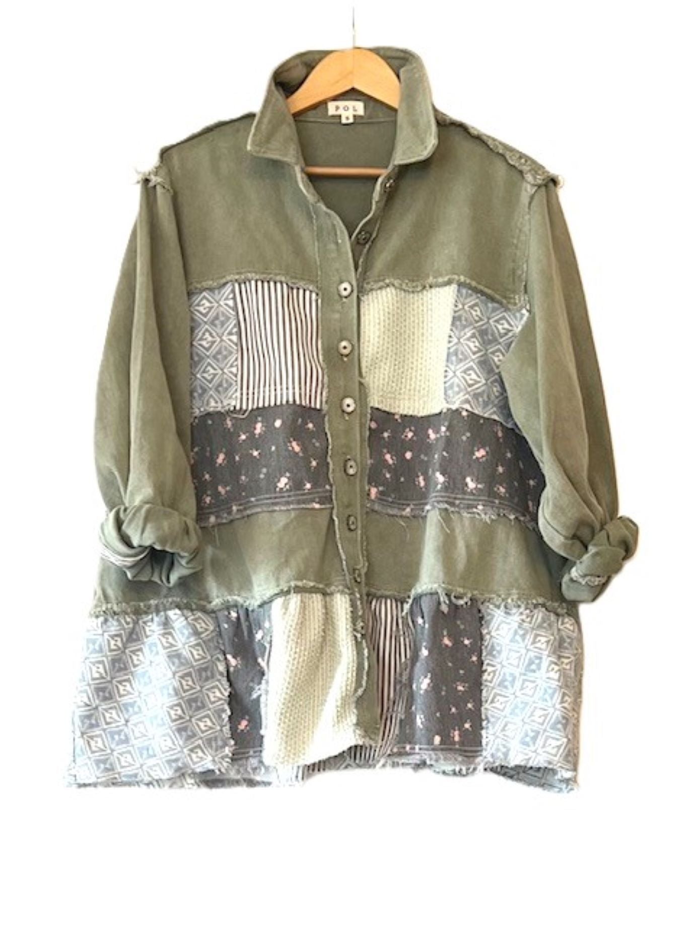 Collared Floral Patchwork Jacket, Frayed Hem Vintage Wash. New Best Seller.