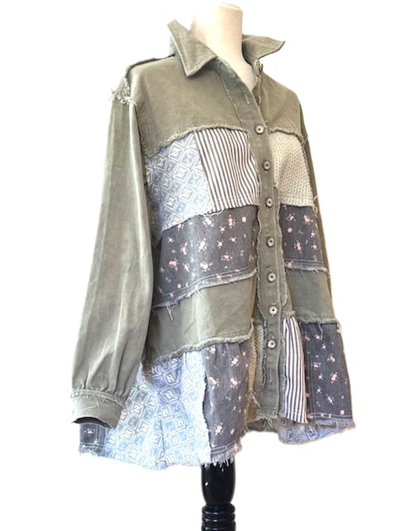 Collared Floral Patchwork Jacket, Frayed Hem Vintage Wash. New Best Seller.