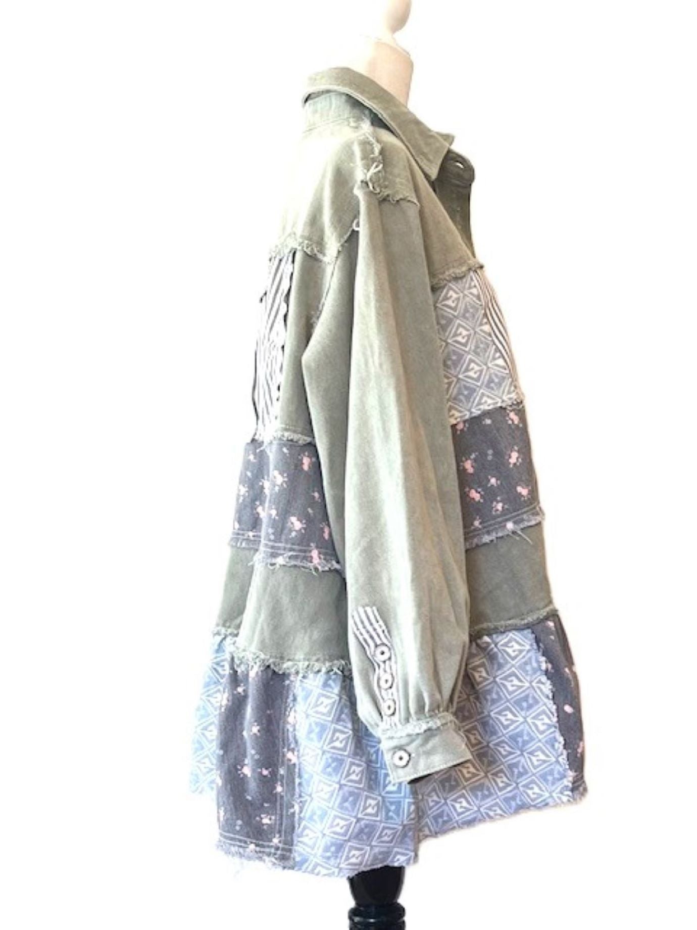 Collared Floral Patchwork Jacket, Frayed Hem Vintage Wash. New Best Seller.