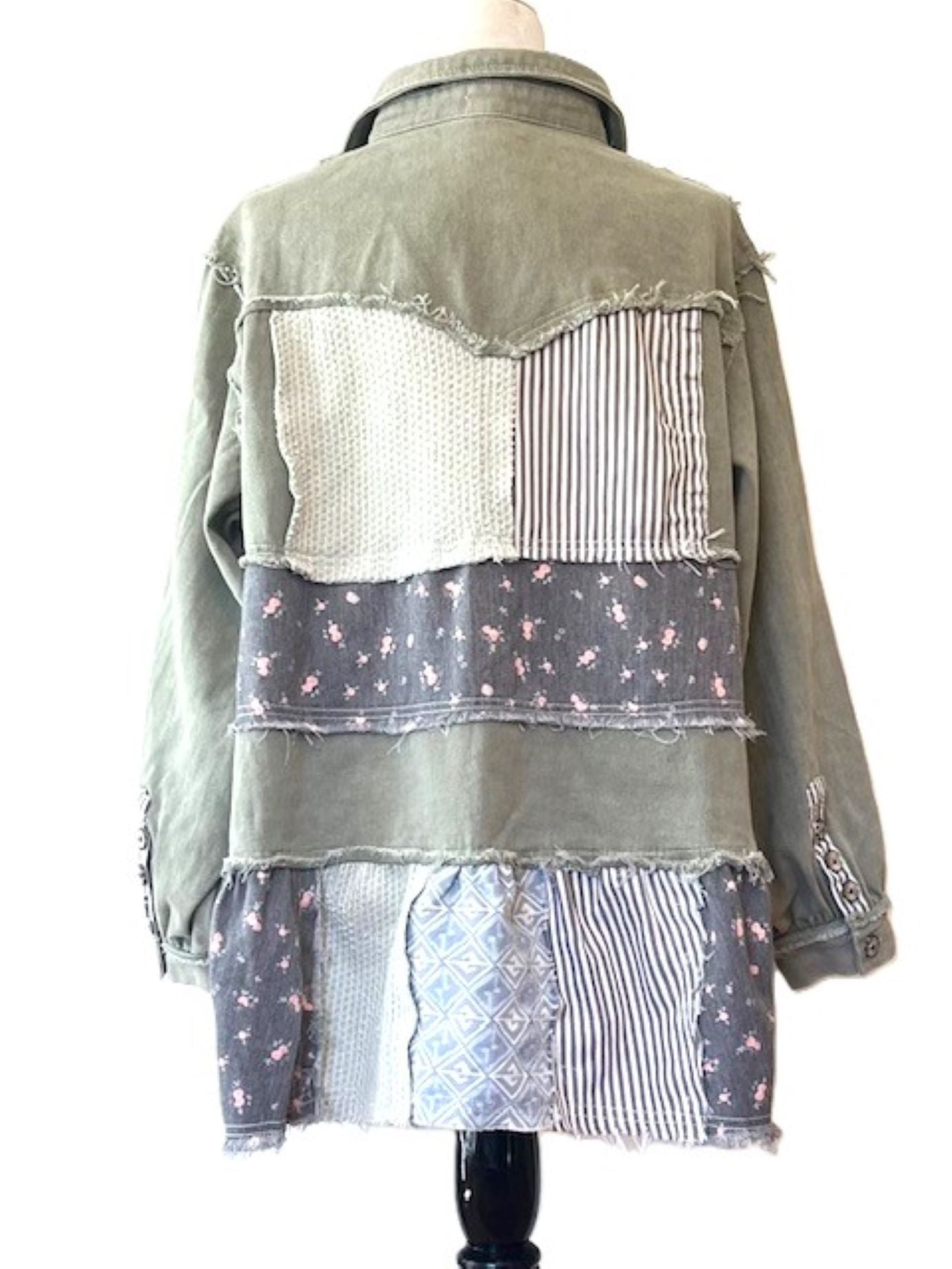 Collared Floral Patchwork Jacket, Frayed Hem Vintage Wash. New Best Seller.