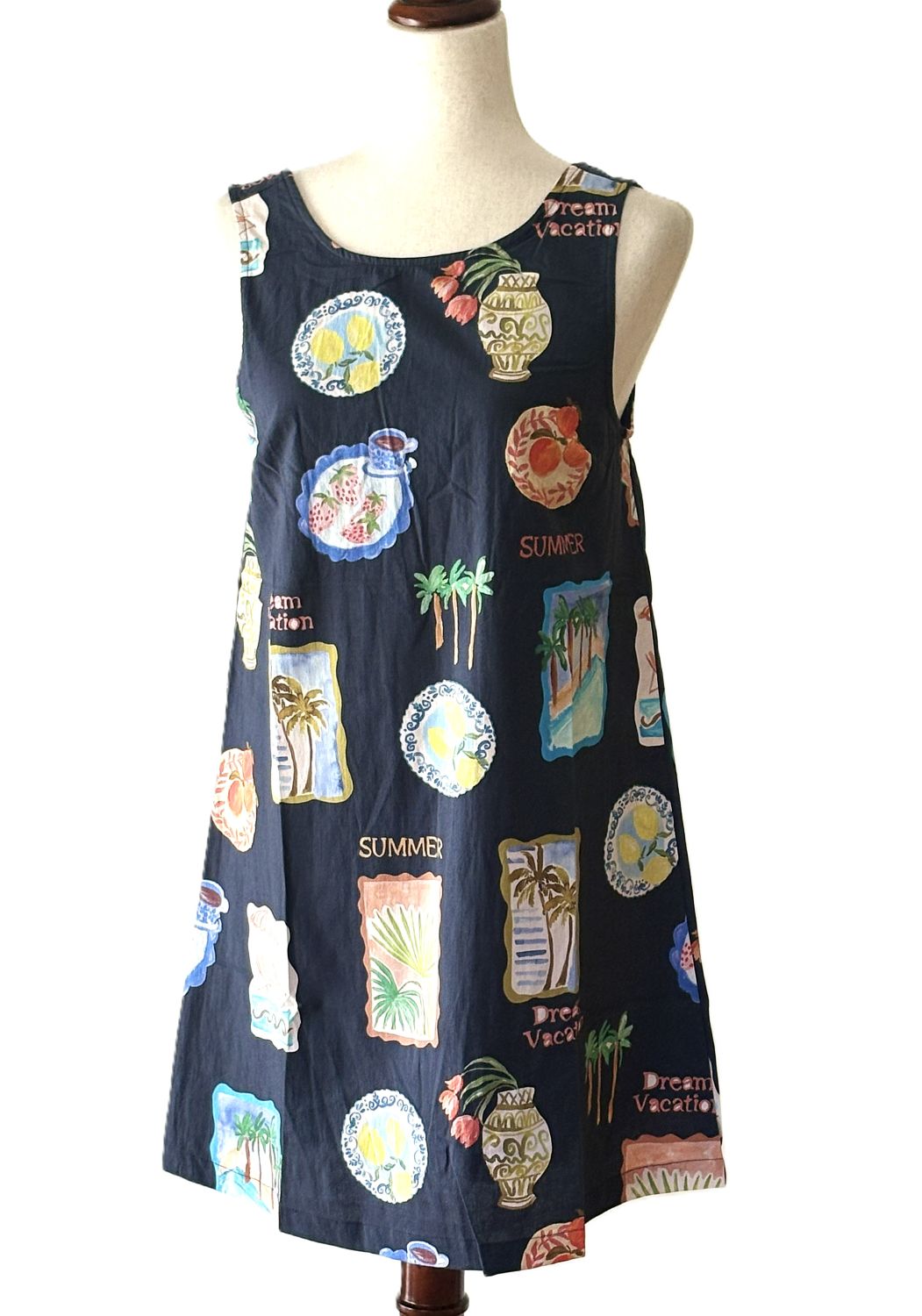 Dresses, Woven Cotton Blend A-LineSleeveless Mini Dress. (Navy)