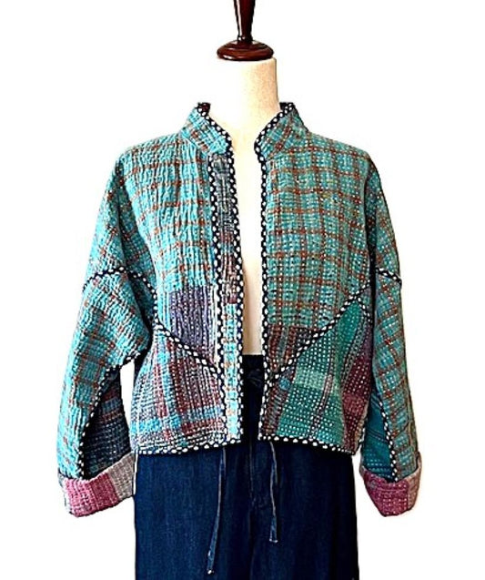 Short Quilted Baseball Style Jacket Is Handmade And Fully Reversible (Turquoise)