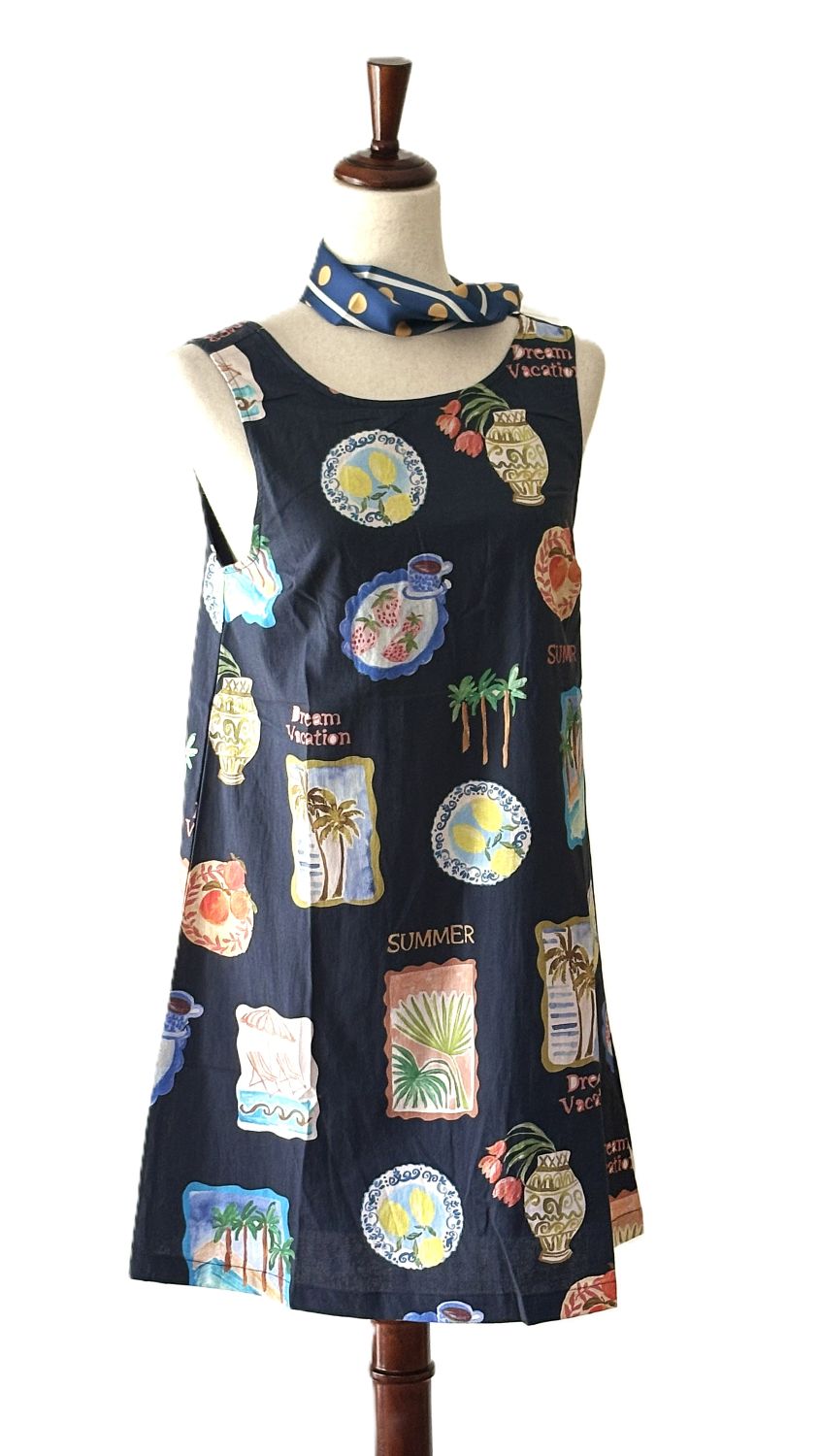 Dresses, Woven Cotton Blend A-LineSleeveless Mini Dress. (Navy)